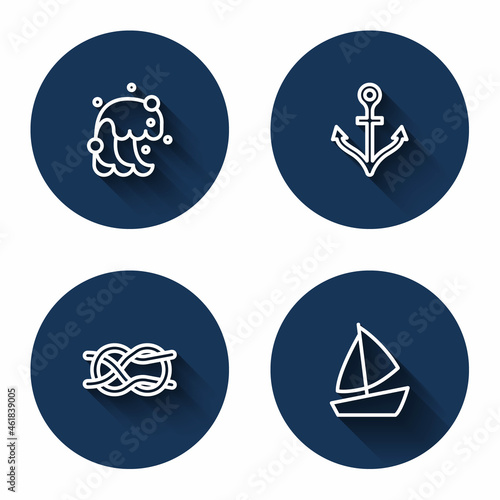 Set line Tsunami, Anchor, Nautical rope knots and Yacht sailboat with long shadow. Blue circle button. Vector