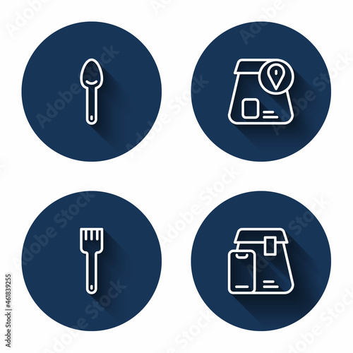 Set line Spoon, Online ordering food, Fork and with long shadow. Blue circle button. Vector