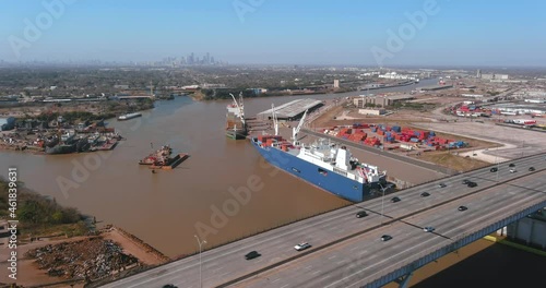 Aerial of the Houston Ship Channel with downtown Houston in the background