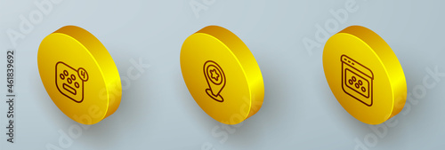 Set Isometric line Taxi mobile app, Location with star and icon. Vector