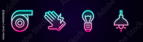 Set line Roll adhesive tape, Electric glove, Creative lamp light idea and Lamp hanging. Glowing neon icon. Vector