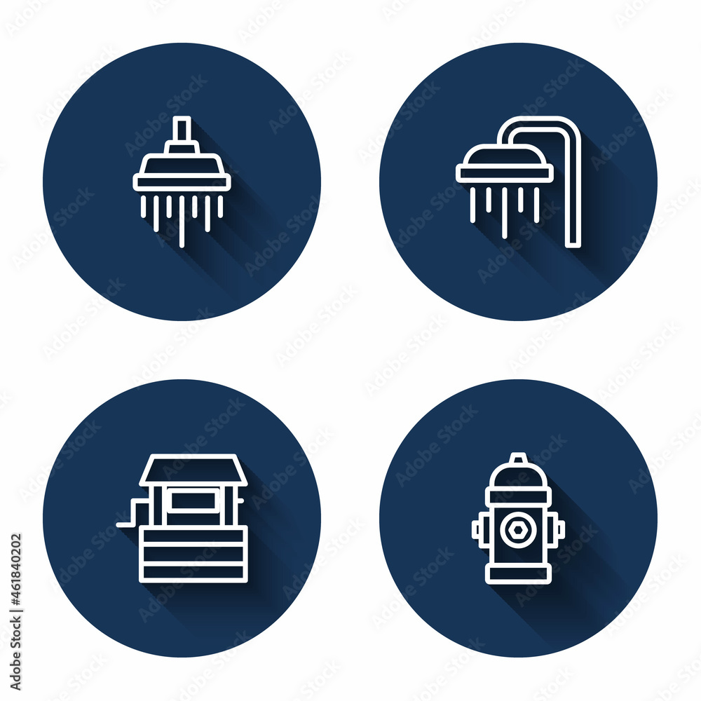Set line Shower, Well and Fire hydrant with long shadow. Blue circle button. Vector Set line Shower, Well and Fire hydrant with long shadow. Blue circle button. Vector