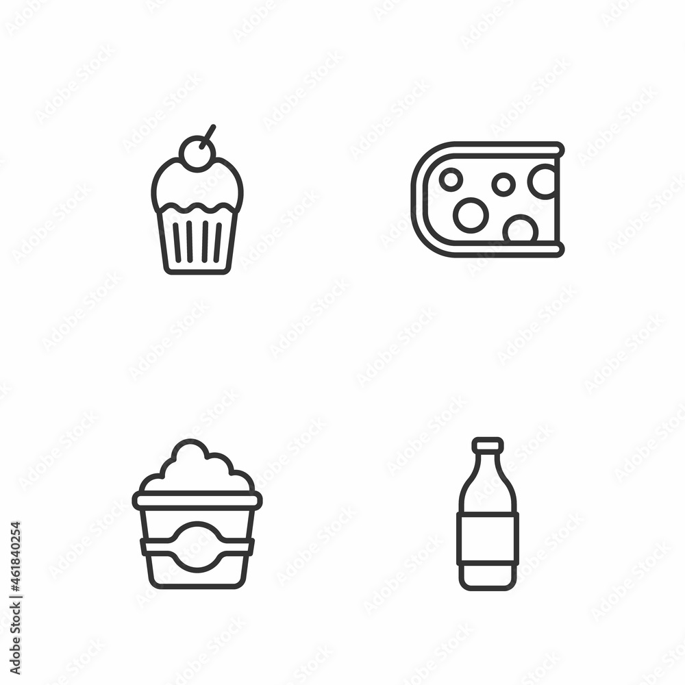 Set line Bottle of wine, Popcorn cardboard box, Muffin and Cheese icon. Vector Set line Bottle of wine, Popcorn cardboard box, Muffin and Cheese icon. Vector