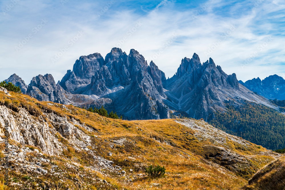 Autumn panorama on Monte Piana. View from the trenches to the three peaks of Lavaredo. Dolomites.
