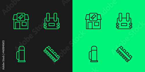Set line Hunting cartridge belt, Thermos container, shop and Bulletproof vest icon. Vector