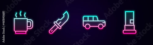Set line Coffee cup, Hunter knife, Safari car and Cartridges. Glowing neon icon. Vector