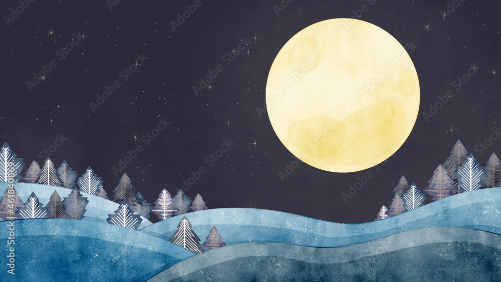 満月の夜の風景手書き水彩風イラスト Stock Illustration Adobe Stock