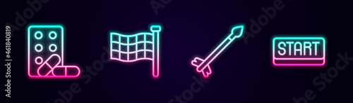 Set line Sports doping with dumbbell, Checkered flag, Medieval arrows and Ribbon finishing line. Glowing neon icon. Vector