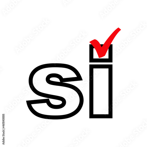 Logotipo con silueta de palabra Si en español con letra i como casilla de verificación con checkmark en color rojo
