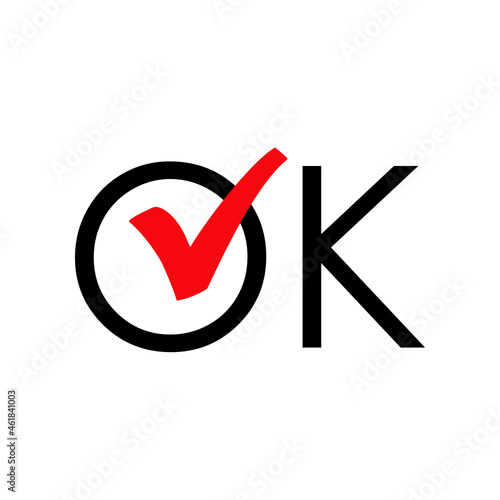 Logotipo con palabra OK con letra O como casilla de verificación con checkmark en color rojo
