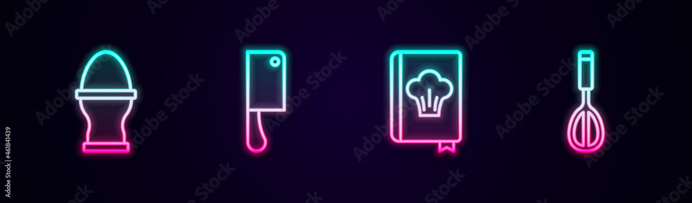 Set line Chicken egg on a stand, Meat chopper, Cookbook and Kitchen whisk. Glowing neon icon. Vector Set line Chicken egg on a stand, Meat chopper, Cookbook and Kitchen whisk. Glowing neon icon. Vector