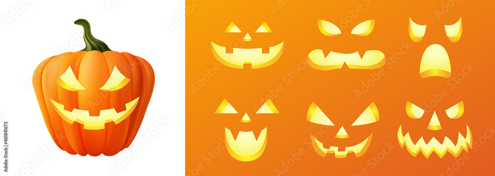 Obraz premium Happy halloween 3D realistic scary jack lantern different faces set collection