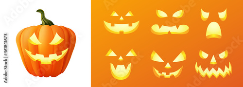 Happy halloween 3D realistic scary jack lantern different faces set collection