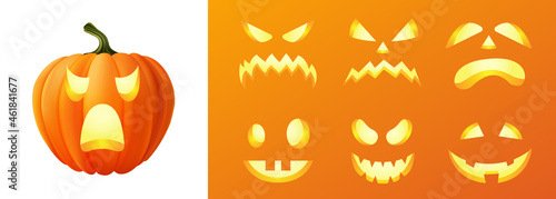 Happy halloween 3D realistic scary jack lantern different faces set collection