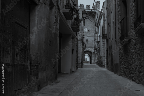 Black white picture of the fortified town Montblanc in Tarragona, Catalunya, Spain