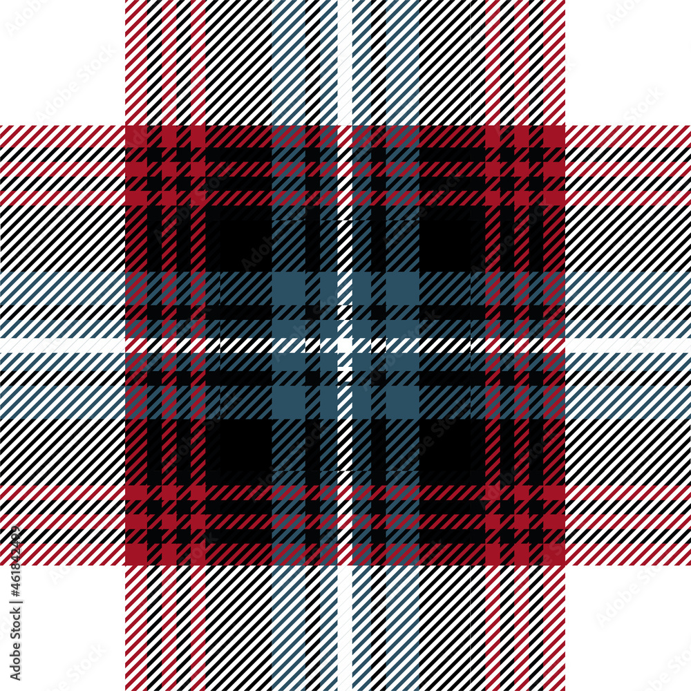 Fototapeta premium Red, blue and black tartan plaid. Scottish pattern fabric swatch close-up. 