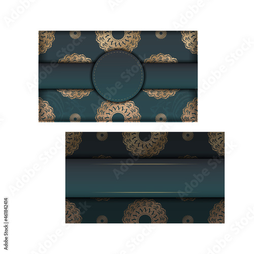Flyer template with gradient green color with mandala gold pattern prepared for printing.