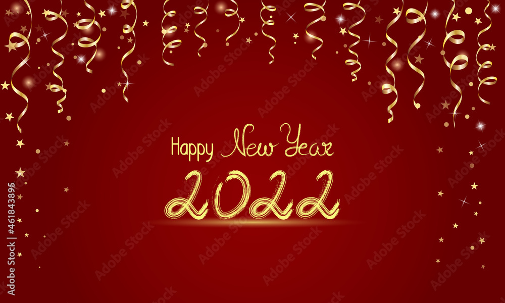 Happy New Year 2022 banner with ribbons and confetti on dark red background.  Shiny party background with gold serpentine and shiny stars. Concept for holiday decor, card, poster, banner, flyer