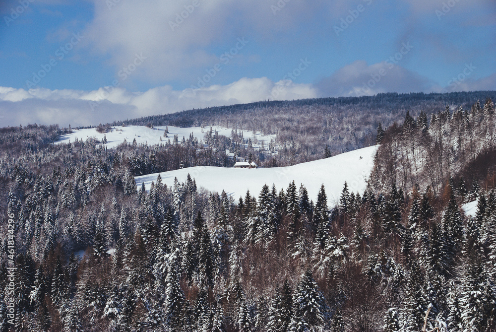 The view from the mountain glade to the snow-capped hills and forests, Beskids, Poland