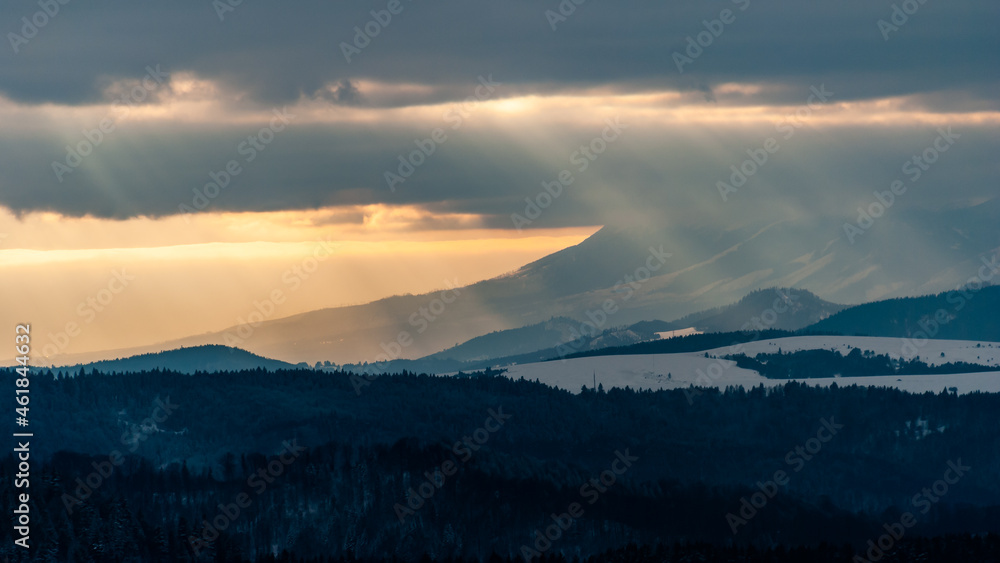 Mountain hills in the sunset, Beskids, Poland