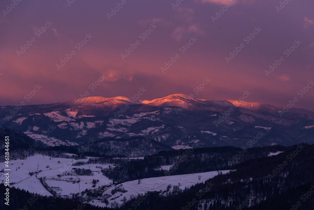 Pink sunrise in the mountains, Beskids, Poland