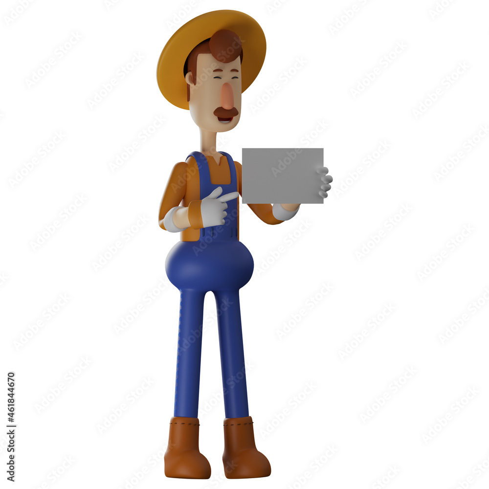 3D Farmer Cartoon Character having a square white paper