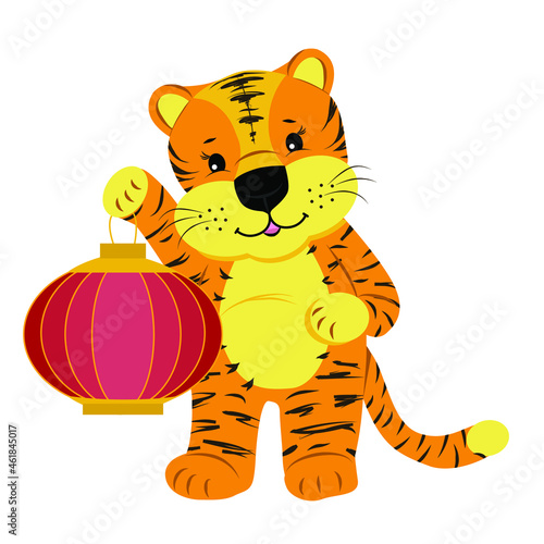 Fototapeta Naklejka Na Ścianę i Meble -  Cute tiger with Chinese red lantern. Chinese symbol of 2022. Year of the tiger. Cartoon mascot. Smiling charming character. 