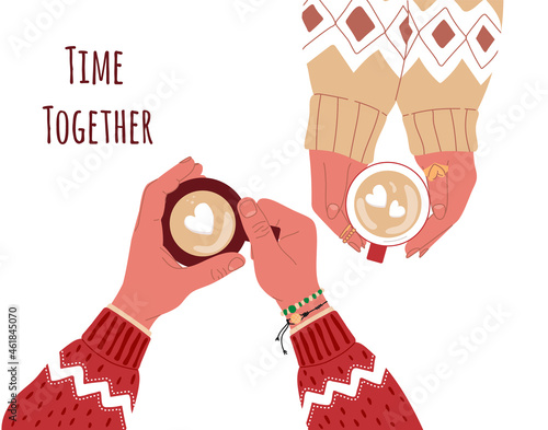 Couple in love holding coffee mug with heart shaped marshmallow at home.Top view vector illustration.