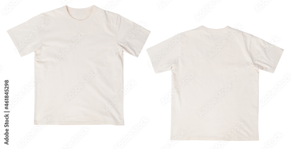 Blank beige tshirt mockup front and back isolated on white background