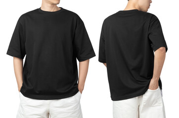 Young man in blank oversize t-shirt mockup front and back used as design template, isolated on white background with clipping path.
