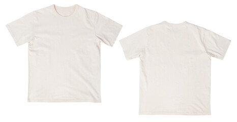 Blank beige t-shirt mockup front and back isolated on white background with clipping path.