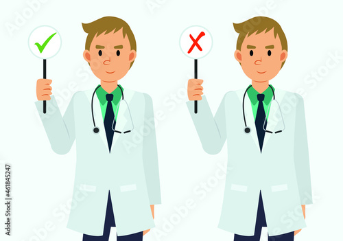 flat style cartoon character male doctor with right wrong sign