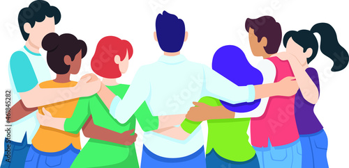 Friend group hug of diverse people isolated