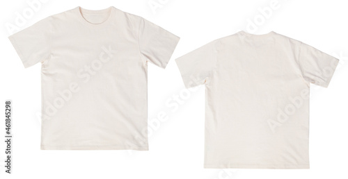 Blank beige t-shirt mockup front and back isolated on white background with clipping path.