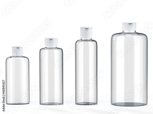 Small to large clear pet (or glass) bottles stand in a row on a white background