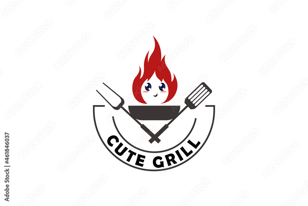 Cute Fire with fork for grill logo. a design or emblem commonly used by commercial enterprises Cute Fire with fork for grill logo. a design or emblem commonly used by commercial enterprises