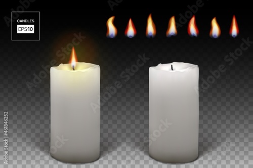 Set of realistic burning white candles for dark background. 3d candles with melting wax, flame and halo of light. Vector illustration with mesh gradients. EPS10.