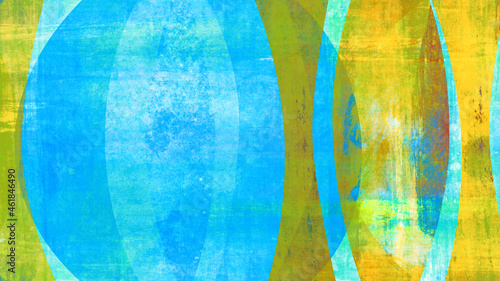 Retro mid-century-style abstract pop art background. Also available as an animation - search for 792499743 in Videos. Blue and yellow shapes with grunge textures. Layered digital collage.