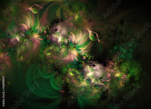 Abstract fractal art background in pink, green and black, suggestive of a floral pattern with water droplets.