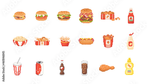 Pixel art fast food set illustrations. 8 bit retro icons of burgers, fried chickens, cola, french fries, hot dog, popular fast food. Vector fast food collection for game, decoration, sticker or web. 