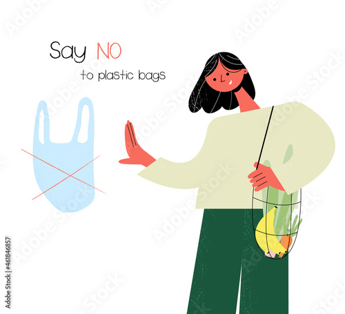 Say no to plastic bags slogan. The girl refuses to take plastic bags. The girl leads an eco-friendly lifestyle and uses eco-friendly bags. Environmental protection from plastic