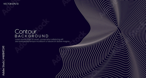 Abstract black contour background. Minimal topographic line contour map style. Modern wavy geographic grid map style. Vector