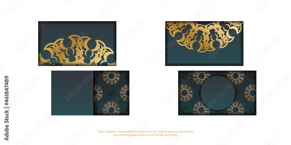 Visiting business card with gradient green color with Indian gold ornaments for your contacts.