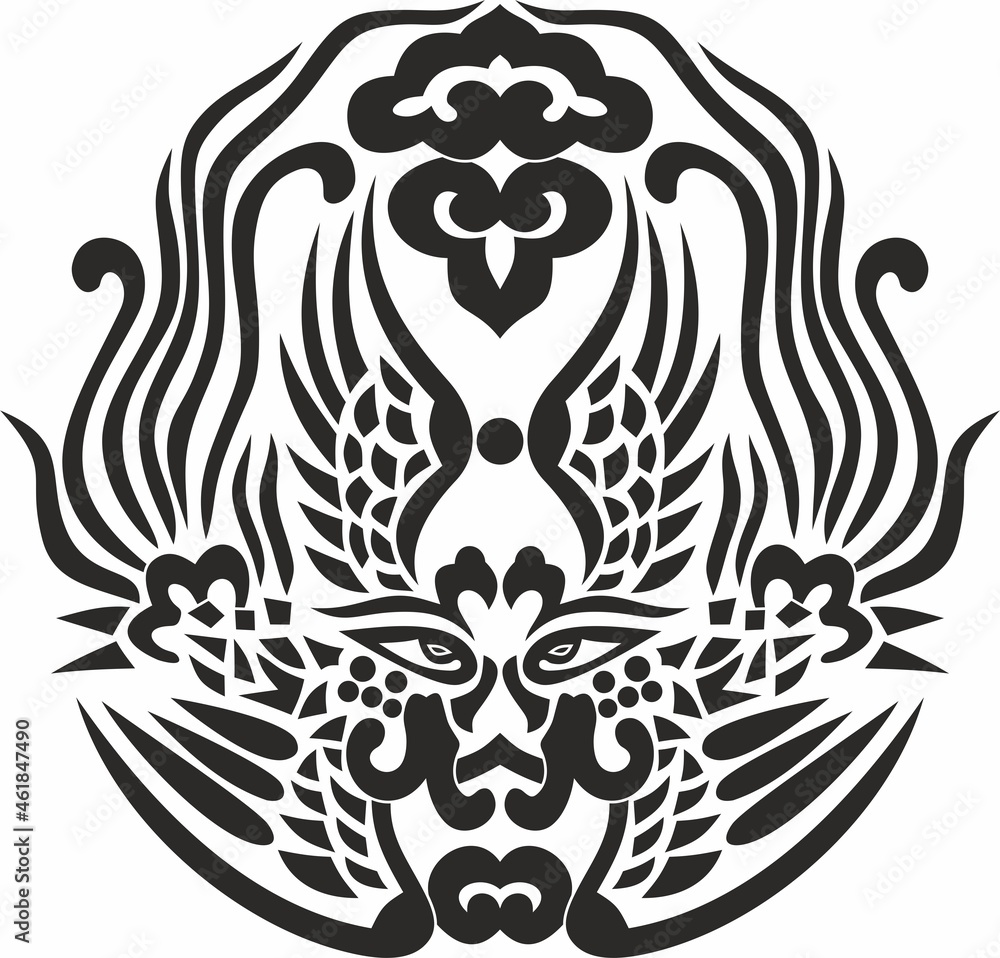 Vector monochrome Chinese dress wedding feminine headdress Phoenix. a harbinger of happiness and well-being. Mask
