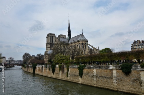 Paris  France - famous Notre Dame cathedral facade saint statues. UNESCO World Heritage Site