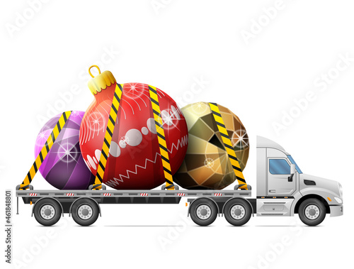 Road transportation of christmas tree baubles. Delivery of christmas ornament in back of truck. Vector image about christmas, new years day, transportation, decoration, winter holiday, trucking, etc