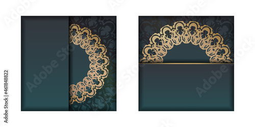 Template Congratulatory Flyer with a gradient of green color with a mandala gold pattern prepared for printing.