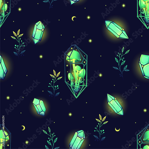 Magic night sky with crescent moon and stars. Vector illustration with mushrooms, crystal and herbs. Design on dark blue background