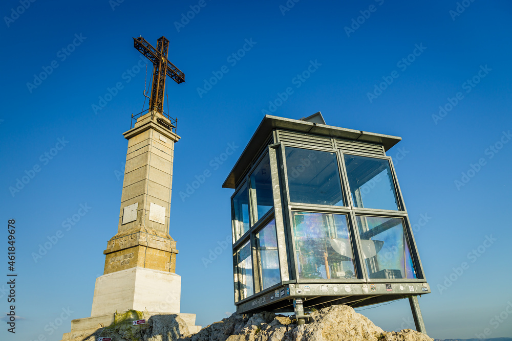 Top of the Montagne Sainte-Victoire with the Croix de Provence cross and the small lookout post used to locate with great precision any start of fire