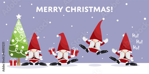 Santa Claus character collection in flat design with gift boxes, Christmas tree and Merry Christmas and Ho Ho Ho text with snowflakes fall. Christmas cartoon character design for winter holidays. © NiiNew